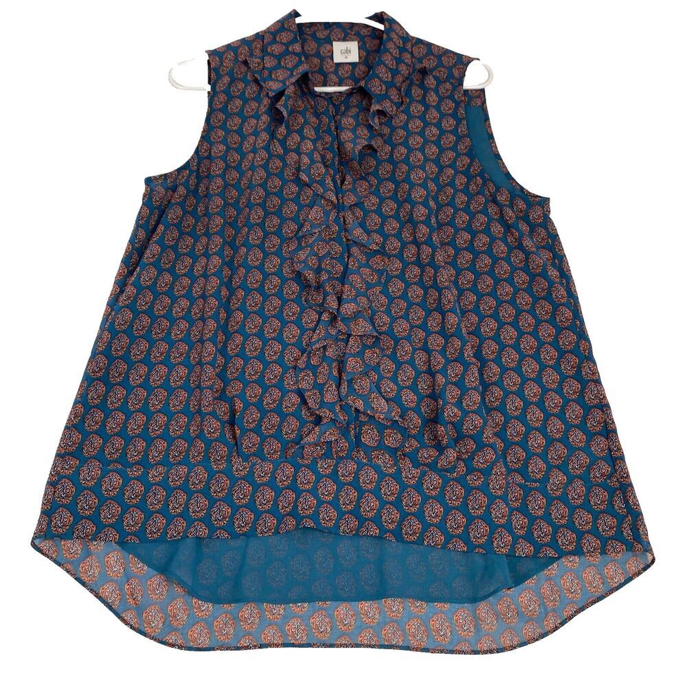 CAbi Women's Medallion Sleeveless Front Ruffle Blouse Multicolour Size M.